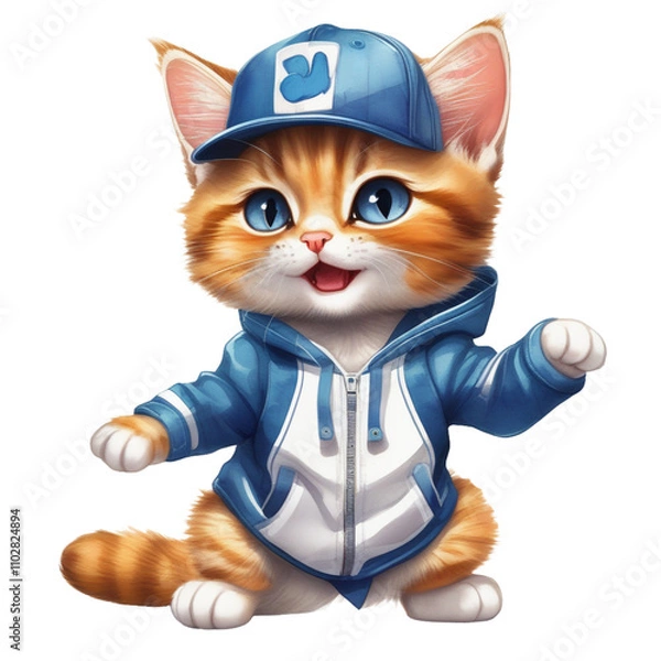 Obraz Playful cats with a mouse ball and cup in a cute cartoon style illustration