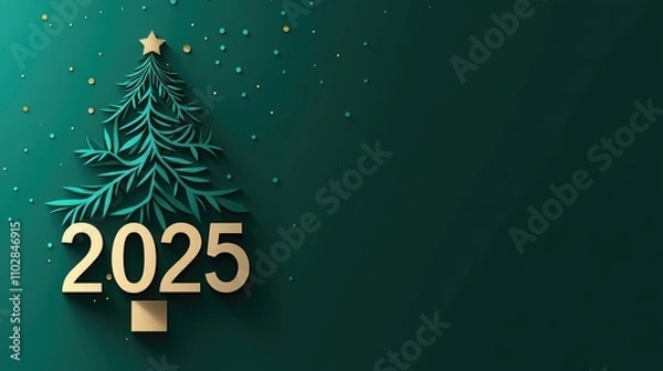 Fototapeta Elegant Paper Cut Christmas Tree Design with Gold Accent and Year 2025, Perfect for Holiday Greeting Cards and Festive Celebrations
