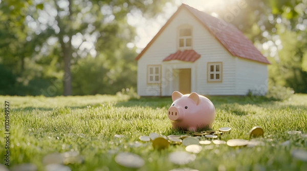 Fototapeta piggy bank sits on green grass near tiny house, surrounded by coins, symbolizing savings and financial growth. scene evokes sense of tranquility and prosperity