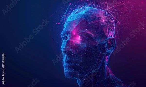 Fototapeta Human head created in low poly style. Man face polygon light. Emotional Intelligence allegory AI. Facial Recognition System concept. biometric scanning, 3D scanning