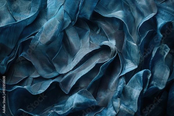 Fototapeta close up of smooth blue silk fabric with elegant, flowing folds and textures, creating luxurious and soft appearance. intricate layers evoke sense of depth and sophistication