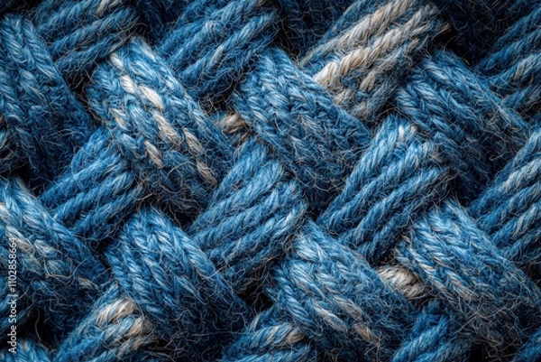 Fototapeta Textured blue jute material with intricate woven patterns, showcasing blend of blue and natural fibers. This captures beauty of craftsmanship and textile design