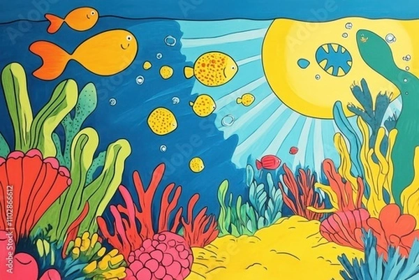 Fototapeta Colorful underwater scene with fish and coral in a vibrant cartoon style