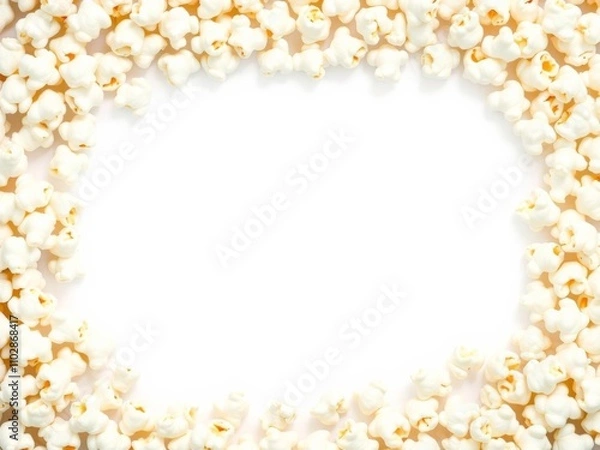 Fototapeta A creative frame made of fluffy popcorn on a clean white background with space for text, copy space, concept