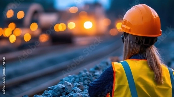 Fototapeta Construction worker watching busy railroad with safety gear at dusk