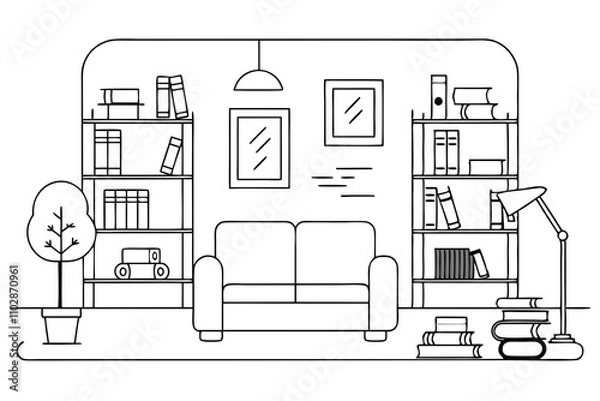 Fototapeta Minimalist Line Drawing of a Reading Room Interior