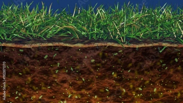Obraz Soil microbiome. Bacteria, microbes in soil. Many micro-organisms in soil. Microscopic life underground in earth. 3d render illustration