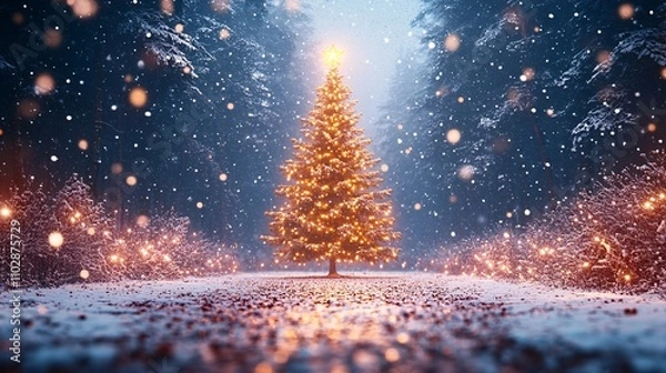 Fototapeta Sparkling Christmas Tree with Golden Lights