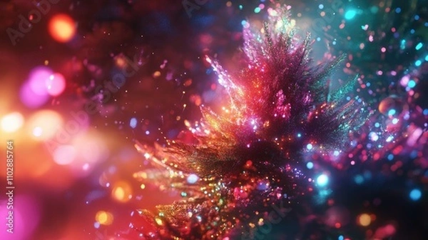 Fototapeta A stylized Christmas tree bursting with colorful lights and shimmering textures, set against a festive background.