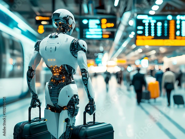 Fototapeta AI-Generated image of A robot is walking down a train station with a suitcase. The robot is white and has a metallic appearance. The scene is set in a busy train station with people walking around and