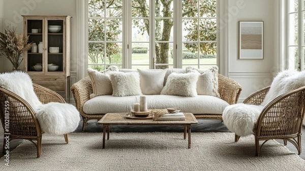 Fototapeta Cozy scandinavian living room with rattan furniture and soft textiles in bright natural light