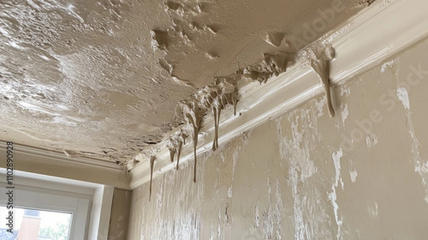Fototapeta Water damage repair, showcasing a damaged and stained white ceiling with visible water marks and peeling paint, indicating the need for restoration.