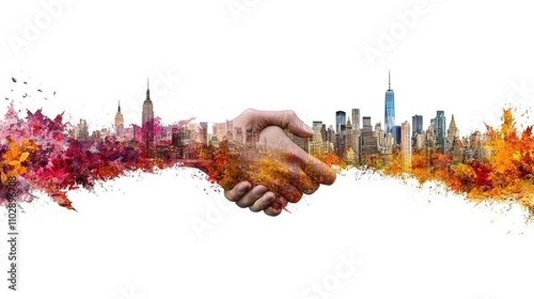 Fototapeta Vibrant Handshake Over City Skyline in Autumn Colors Symbolizing Partnership and Collaboration in New York with Creative Artistic Effect
