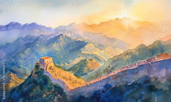 Fototapeta Watercolor Great wall under sunshine during sunset