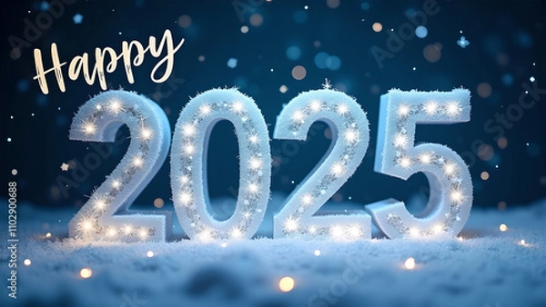 Obraz Happy New Year 2025 with snow and lights. Concept of celebration, winter, and holiday.