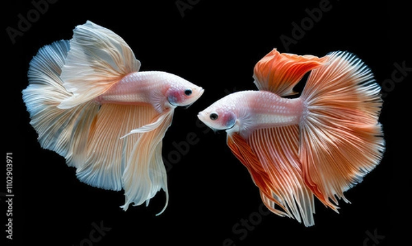 Obraz Beautiful movement of Fullmoon betta fish, Two Fancy Fullmoon Betta, The moving moment beautiful of Siamese Fighting fish, Betta splendens, Rhythmic of Betta fish isolated on black background