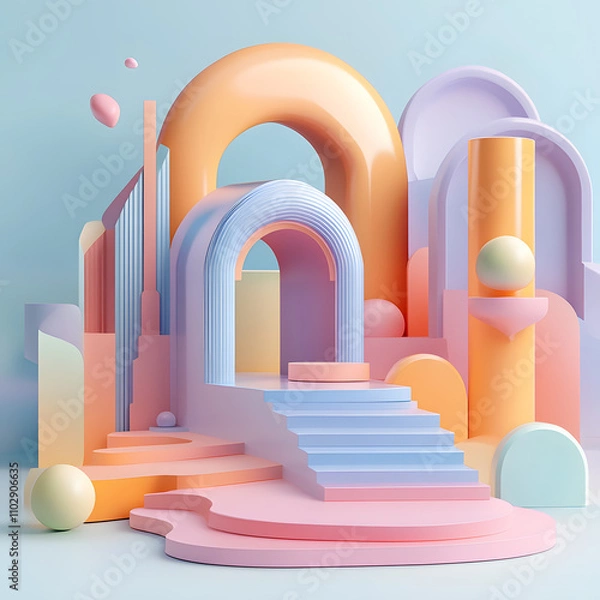 Fototapeta Vibrant geometric sculpture modern art gallery 3d design creative environment abstract viewpoint contemporary art concept