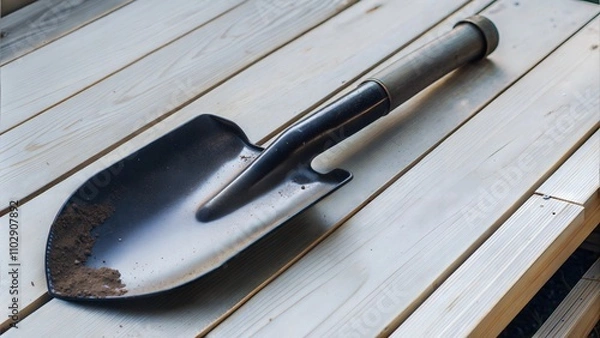 Fototapeta Dirty Shovel on Wooden Surface