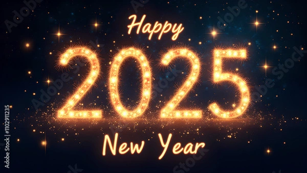 Fototapeta Happy New Year 2025 with glowing lights. Concept of celebration, holiday, and future.