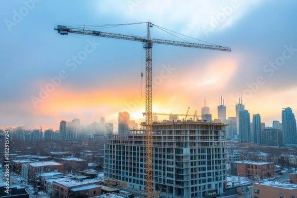 Fototapeta Urban Construction Landscape with Crane in City During Sunset Glow Illuminating Skyscrapers and Building Framework against a Dramatic Cloudy Sky