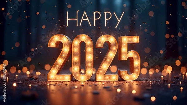 Fototapeta Happy New Year 2025 with glowing lights in a forest. Concept of celebration, hope, and new beginnings.