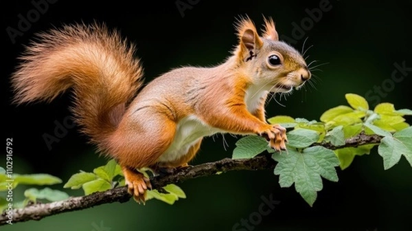 Fototapeta Agile Red Squirrel Leaping on Branch  Lush Green Foliage  Wildlife Photography
