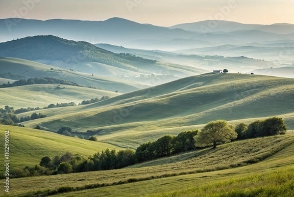 Fototapeta Soothing abstract background with rounded hills and gentle slopes, serene landscape, dreamy scene, calming atmosphere