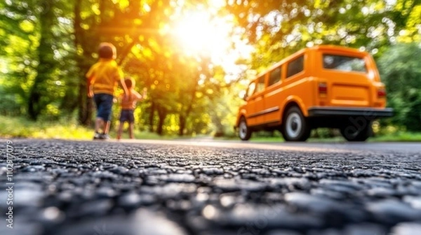 Fototapeta Children Walking Along a Tree-Lined Road with an Orange Van, Capturing a Joyful Moment in Nature During a Bright Sunset in a Tranquil Setting
