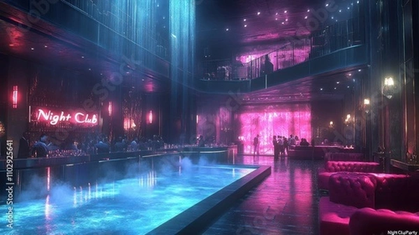 Fototapeta A vibrant nightclub interior with colorful lighting and a pool, creating an energetic atmosphere.
