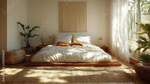 Fototapeta A bright minimalist bedroom with a platform bed covered in neutral-toned bedding, fluffy pillows arranged neatly, a woven rug underfoot, and warm sunlight illuminating the space, hd quality,