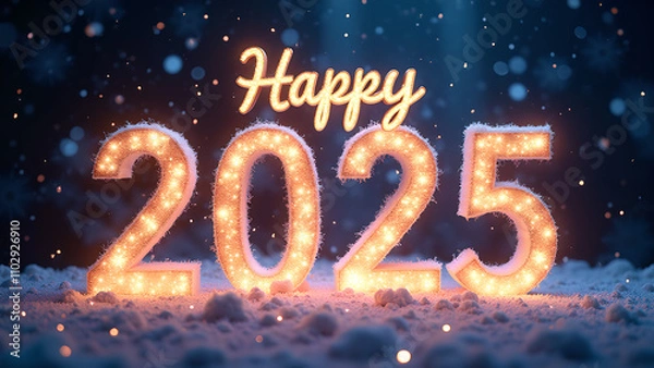 Obraz Happy New Year 2025 with snow and lights. Festive winter holiday concept.