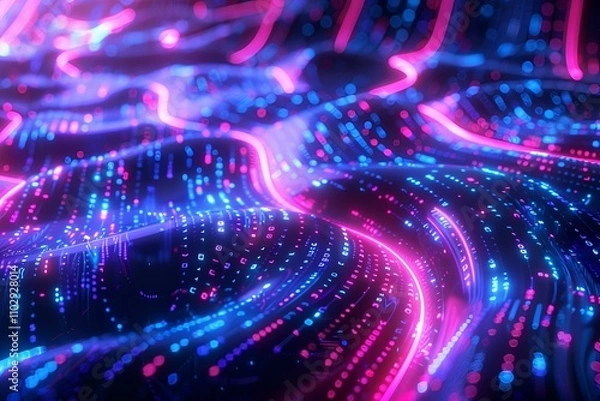 Obraz Abstract technology concept with streaming data flows and neon accents, evoking a sophisticated, futuristic cyberspace scene with a sleek, digital ambiance