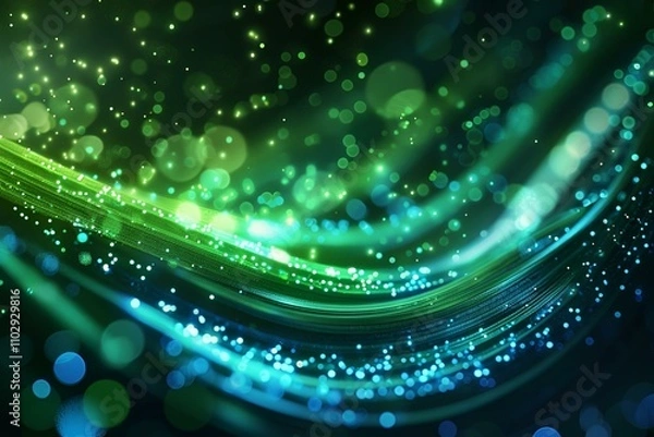 Obraz Futuristic abstract background with glowing green and blue neon wave lines moving at high speed, interspersed with shimmering bokeh lights for a dynamic, data transfer concept