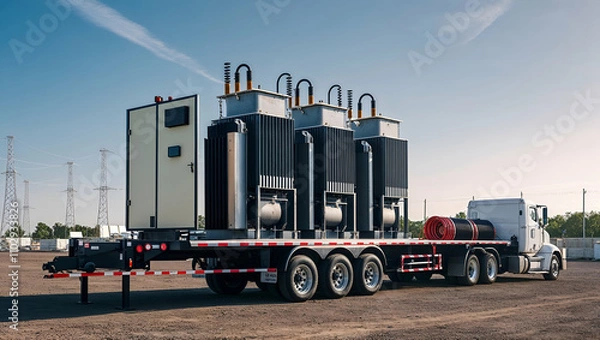 Obraz Transporting electrical transformers on a flatbed truck at a power substation during the day