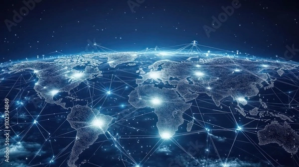 Fototapeta A digital representation of Earth connected by a network of lights and lines.