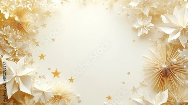 Obraz Elegant Gold and White Paper Flower and Star Border Background