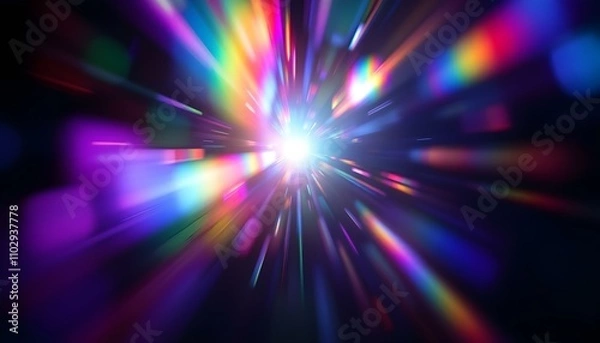Fototapeta Blurred rainbow refraction overlay effect. Light lens prism effect on black background. Holographic reflection, crystal flare leak shadow overlay. Colorful rainbow disco ball light leaks texture