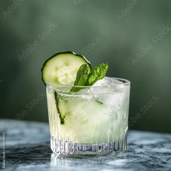 Fototapeta A refreshing cucumber and mint gin cocktail served in a glass with ice, garnished with a cucumber slice, Cocktail centered