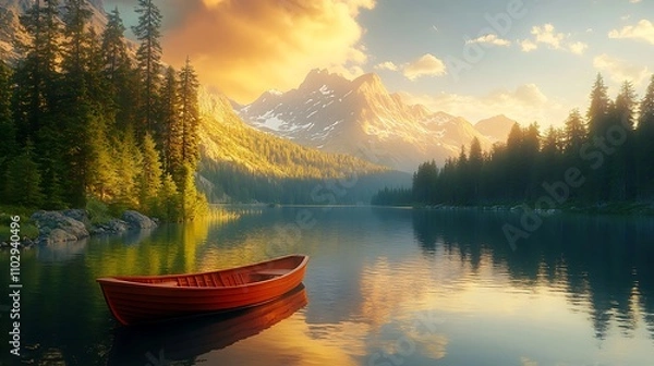 Fototapeta A single fishing boat floating serenely on a calm alpine lake, surrounded by snow-capped mountains and dense evergreen forests, golden hour light adding warmth to the scene, hd quality,