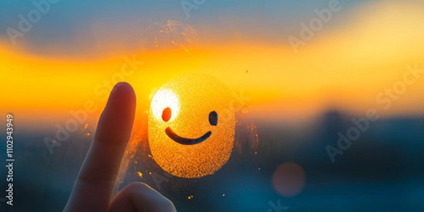 Obraz finger with doodle smile on sunset foggy glass window