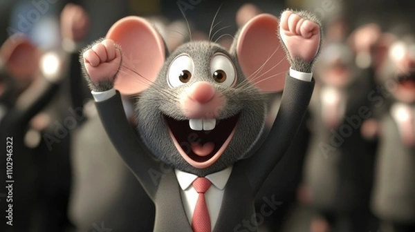 Fototapeta A cartoon mouse in business attire giving an energetic cheer, outshining its peers in a corporate setting.