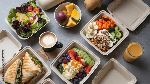 Obraz A top view of healthy takeaway food and drinks in disposable eco-friendly paper containers on a gray background. There is a salad, a panini, a Buddha bowl, fruits, coffee, and juice ai generated