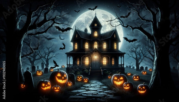 Obraz Spooky Haunted House at Night with Glowing Jack-o'-Lanterns and a Full Moon