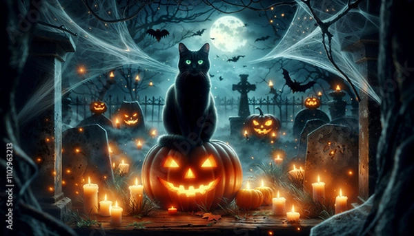 Obraz Black Cat with Glowing Green Eyes on a Pumpkin in a Misty Cemetery