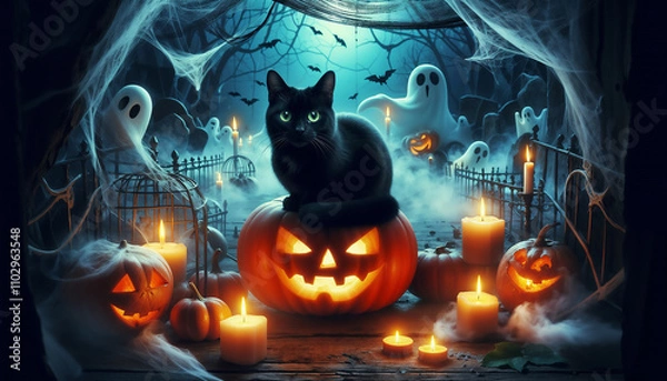 Obraz Black Cat with Glowing Green Eyes on a Pumpkin in a Misty Cemetery