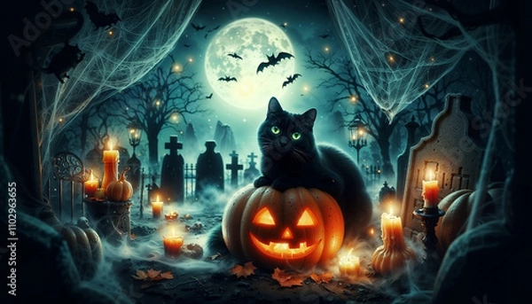 Obraz Black Cat with Glowing Green Eyes on a Pumpkin in a Misty Cemetery
