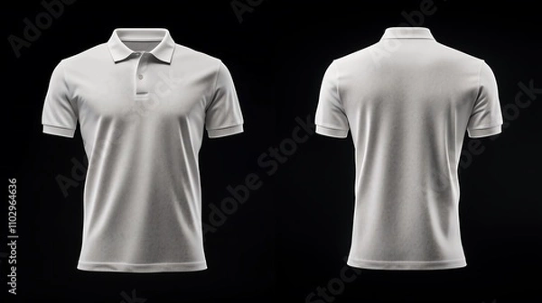 Fototapeta A classic white polo shirt for men, displayed on a black background, featuring both front and back views. The front of the shirt showcases its simple.