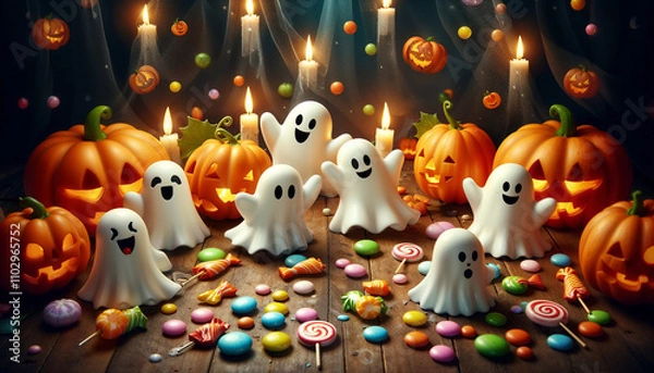 Obraz Playful Ghosts and Pumpkins Partying with Dancing and Colorful Candy