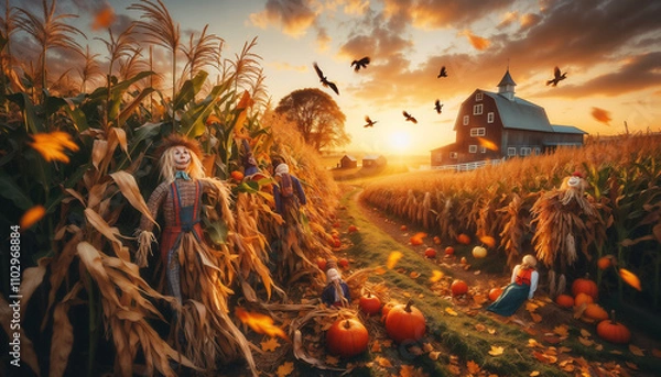 Obraz Step into the beauty of autumn with golden fields, scarecrows, and pumpkins. A peaceful harvest scene as the season of fall unfolds with the crisp breeze and vibrant colors.