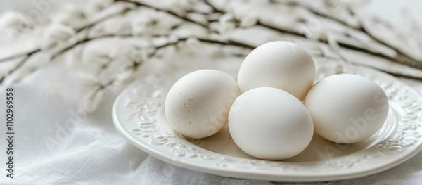Fototapeta White chicken eggs on decorative plate surrounded by willow branches for Easter egg decoration preparation and spring celebration theme